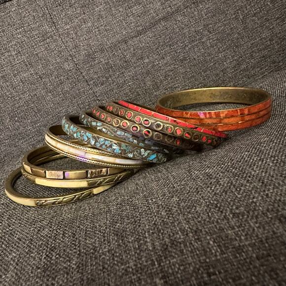 Vintage Natural Stone & Shell Inlay Brass Bangle Bracelet Lot- 10pc - Picture 1 of 6